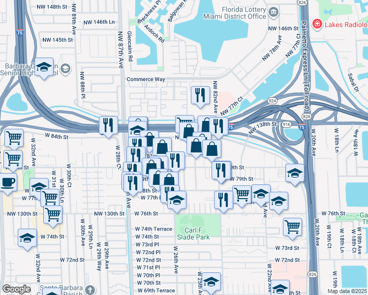 map of restaurants, bars, coffee shops, grocery stores, and more near 10 West 82nd Street in Hialeah