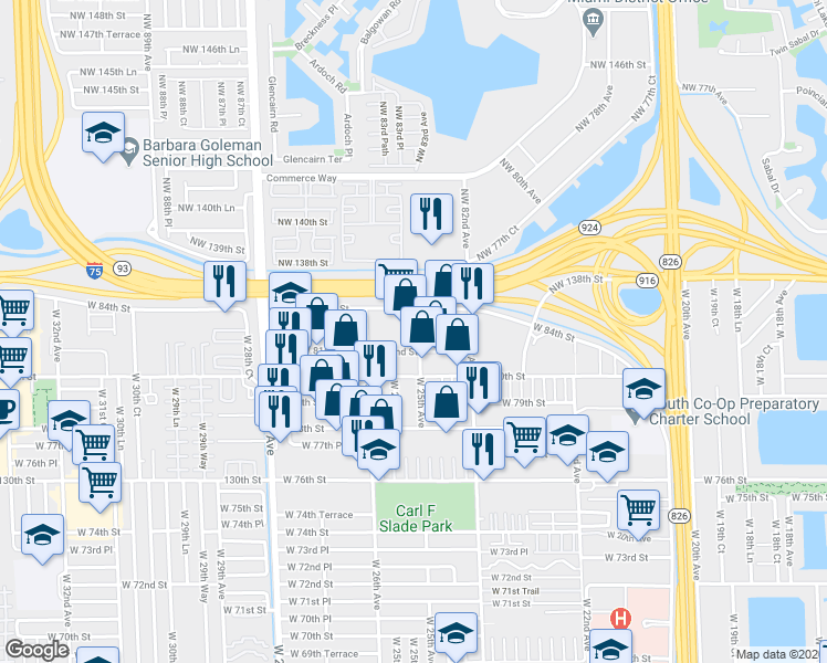 map of restaurants, bars, coffee shops, grocery stores, and more near 2485 West 81st Street in Hialeah