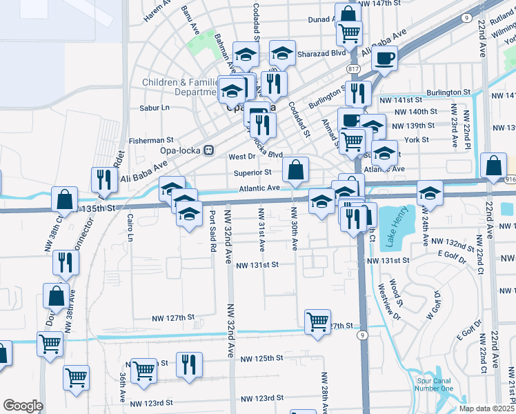 map of restaurants, bars, coffee shops, grocery stores, and more near 3100 Northwest 135th Street in Opa-locka
