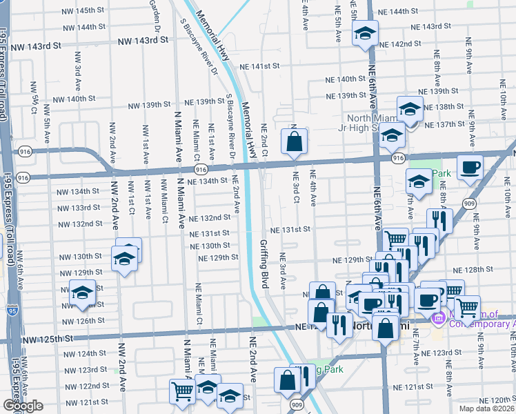 map of restaurants, bars, coffee shops, grocery stores, and more near 13150 Memorial Highway in Miami