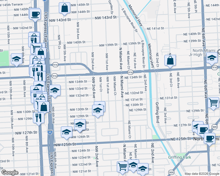 map of restaurants, bars, coffee shops, grocery stores, and more near 13340 Northwest Miami Court in Miami