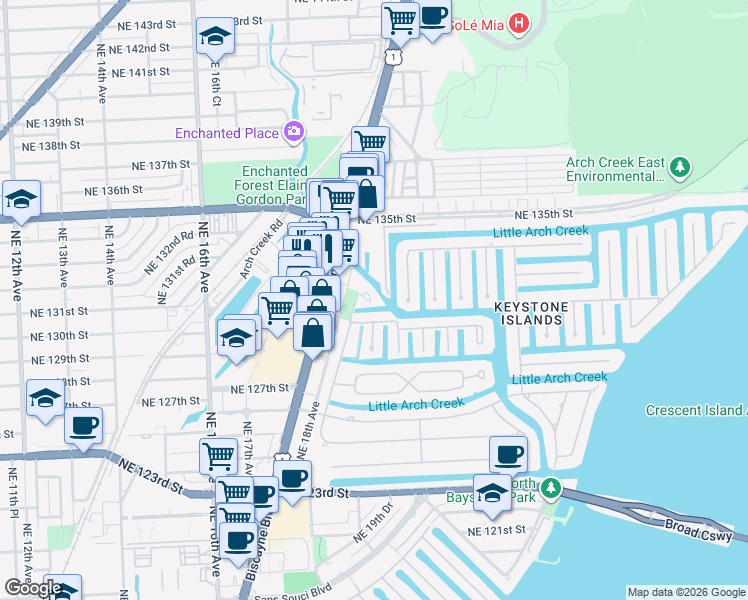 map of restaurants, bars, coffee shops, grocery stores, and more near 13155 Ixora Court in North Miami