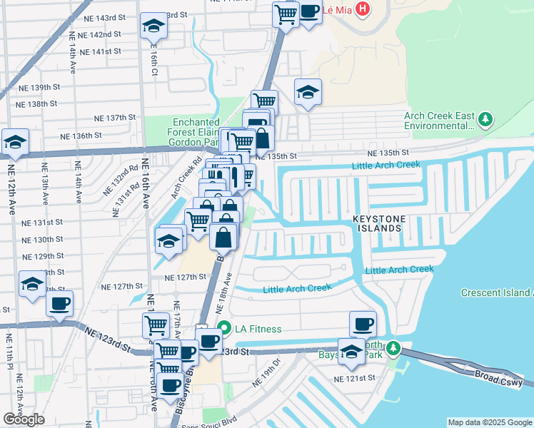 map of restaurants, bars, coffee shops, grocery stores, and more near 13155 Ixora Court in North Miami