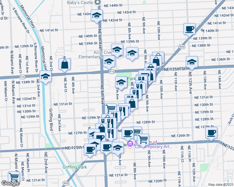 map of restaurants, bars, coffee shops, grocery stores, and more near 663 Northeast 133rd Street in North Miami