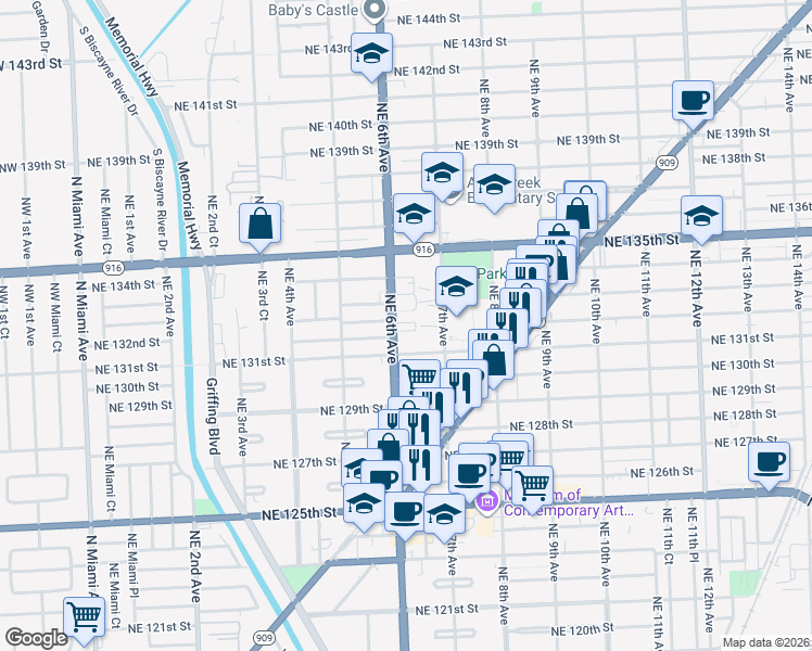 map of restaurants, bars, coffee shops, grocery stores, and more near 663 Northeast 133rd Street in North Miami