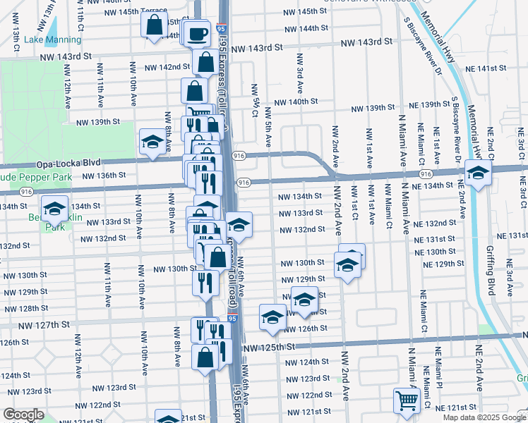 map of restaurants, bars, coffee shops, grocery stores, and more near 545 Northwest 134th Street in North Miami