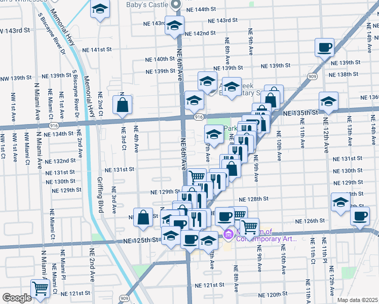 map of restaurants, bars, coffee shops, grocery stores, and more near in North Miami