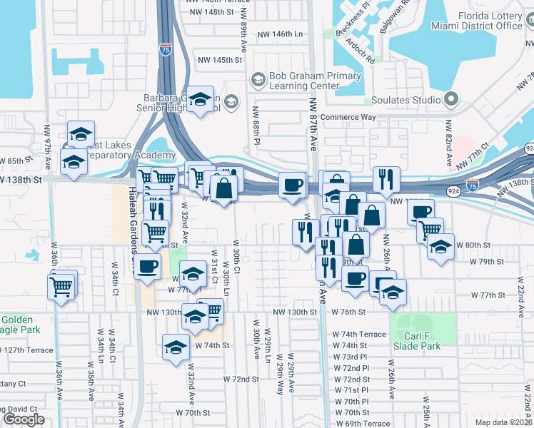 map of restaurants, bars, coffee shops, grocery stores, and more near 2950 Graham Dairy Road in Hialeah