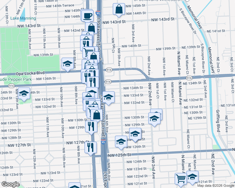 map of restaurants, bars, coffee shops, grocery stores, and more near 545 Northwest 134th Street in North Miami