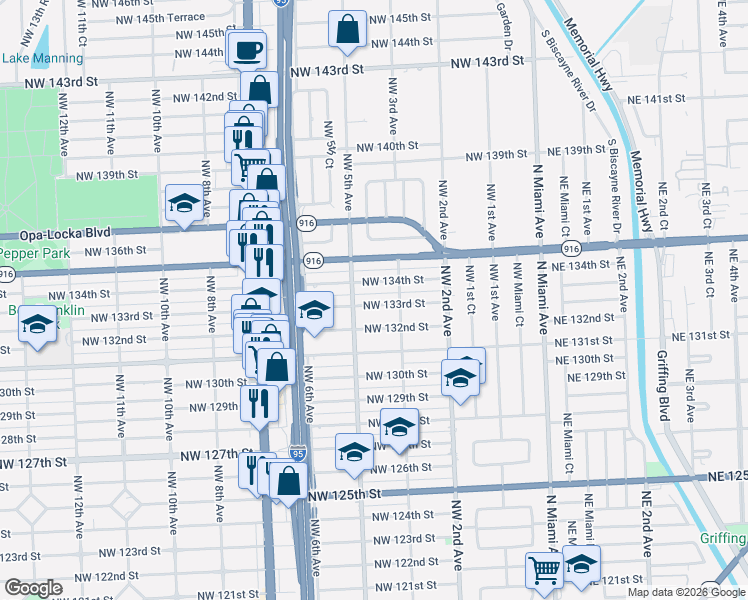map of restaurants, bars, coffee shops, grocery stores, and more near 460 Northwest 134th Street in North Miami