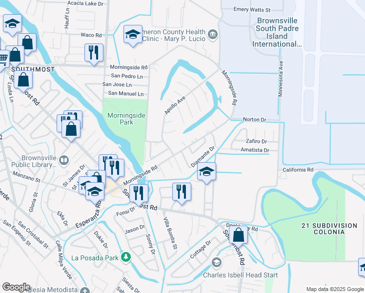 map of restaurants, bars, coffee shops, grocery stores, and more near 1894 Morningside Road in Brownsville