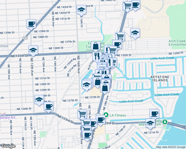 map of restaurants, bars, coffee shops, grocery stores, and more near 13176 Emerald Drive in North Miami