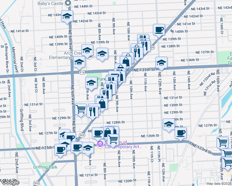 map of restaurants, bars, coffee shops, grocery stores, and more near in North Miami