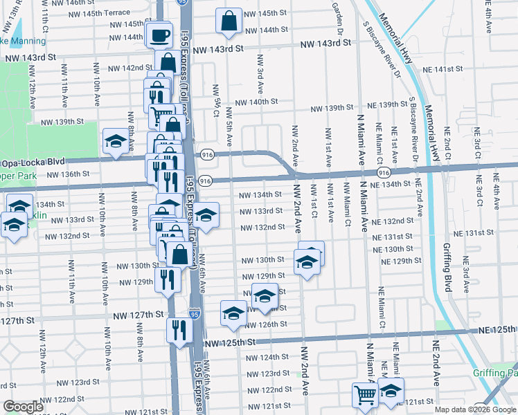 map of restaurants, bars, coffee shops, grocery stores, and more near 380 Northwest 134th Street in North Miami