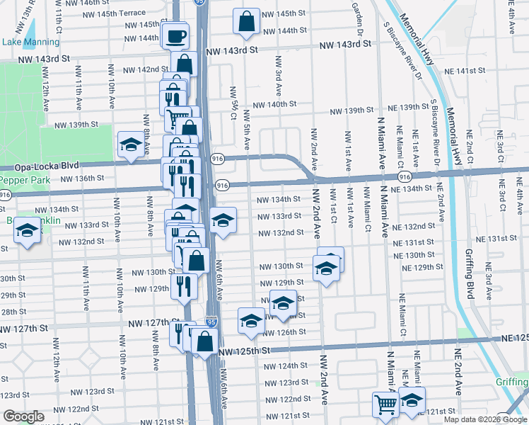 map of restaurants, bars, coffee shops, grocery stores, and more near 460 Northwest 134th Street in North Miami