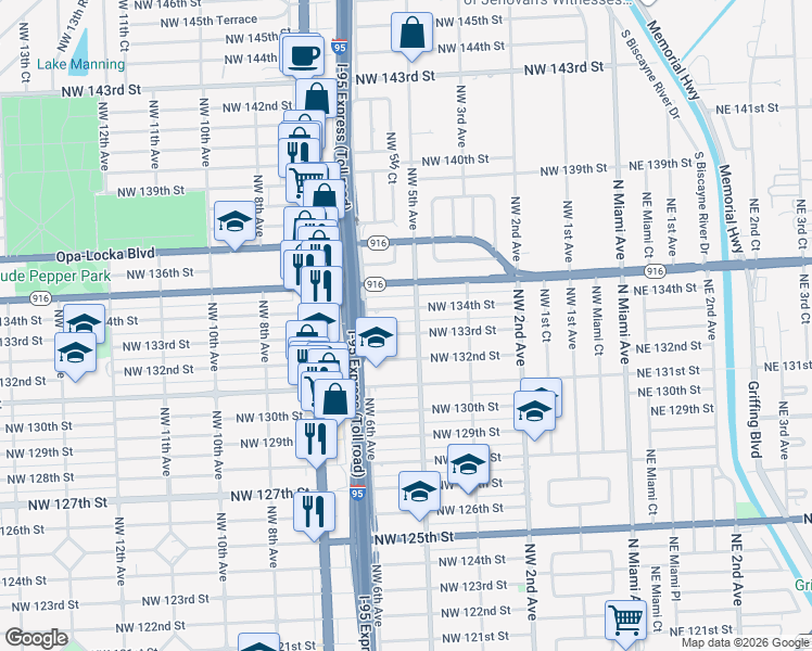 map of restaurants, bars, coffee shops, grocery stores, and more near 545 Northwest 134th Street in North Miami