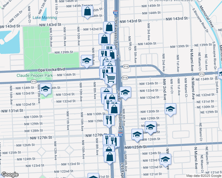 map of restaurants, bars, coffee shops, grocery stores, and more near 13445 Northwest 7th Avenue in North Miami