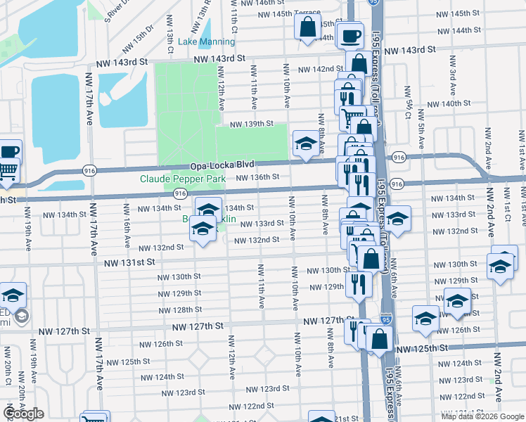 map of restaurants, bars, coffee shops, grocery stores, and more near 13425 Northwest 11th Avenue in North Miami