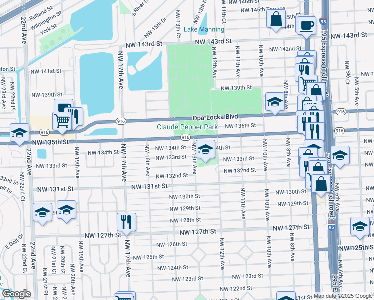 map of restaurants, bars, coffee shops, grocery stores, and more near 1300 Northwest 135th Street in North Miami