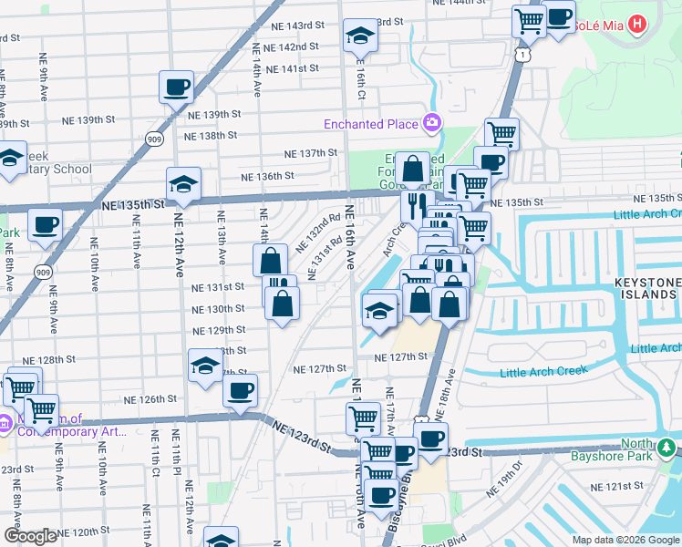 map of restaurants, bars, coffee shops, grocery stores, and more near 1563 Northeast 131st Lane in North Miami
