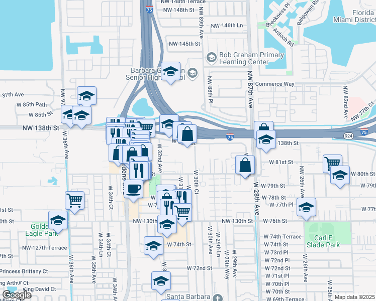 map of restaurants, bars, coffee shops, grocery stores, and more near 3100 West 84th Street in Hialeah