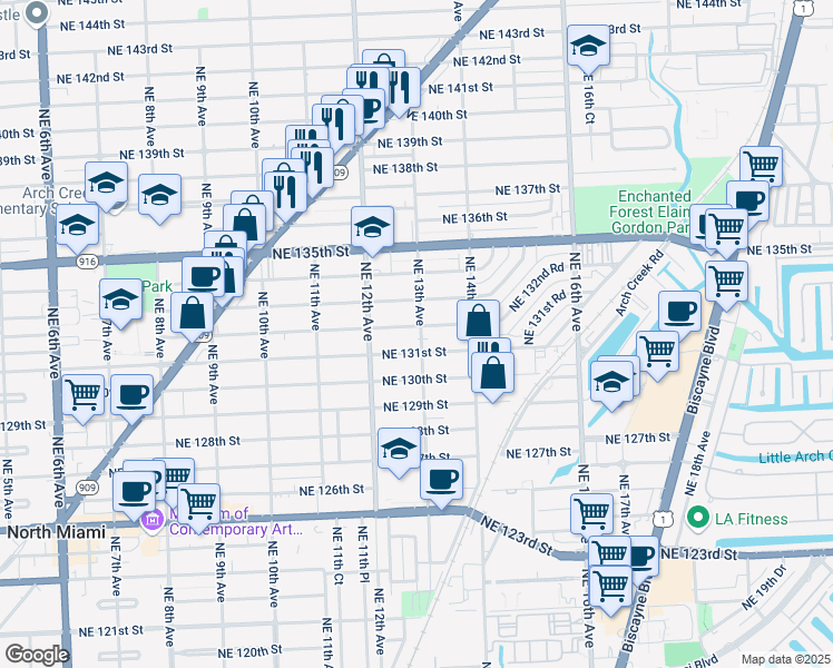 map of restaurants, bars, coffee shops, grocery stores, and more near 1241 Northeast 132nd Street in North Miami