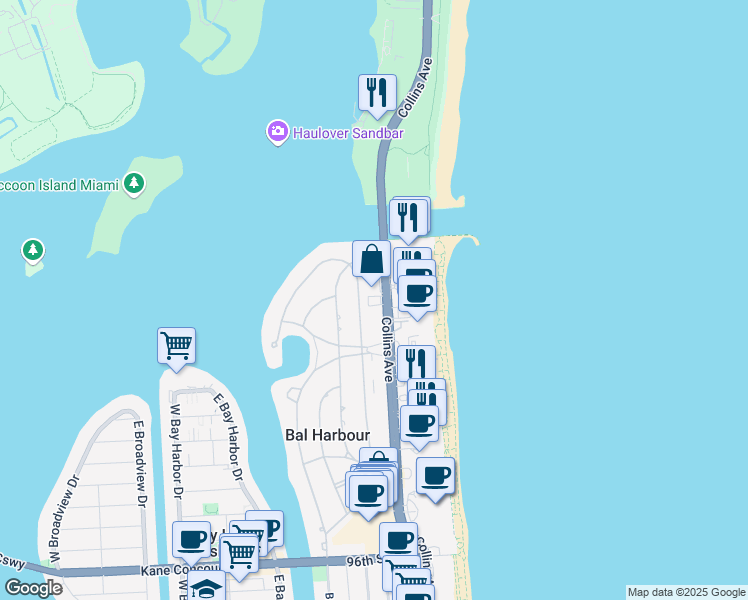 map of restaurants, bars, coffee shops, grocery stores, and more near 268 Park Drive in Bal Harbour