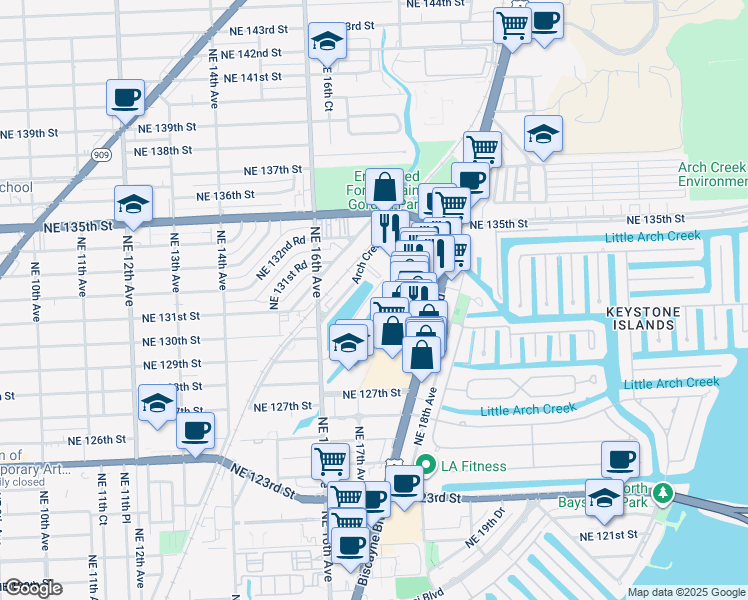 map of restaurants, bars, coffee shops, grocery stores, and more near 13176 Emerald Drive in North Miami