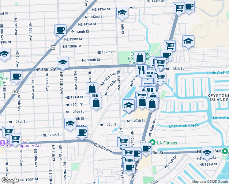 map of restaurants, bars, coffee shops, grocery stores, and more near 1563 Northeast 131st Lane in North Miami