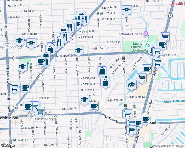 map of restaurants, bars, coffee shops, grocery stores, and more near 1335 Northeast 132nd Street in North Miami