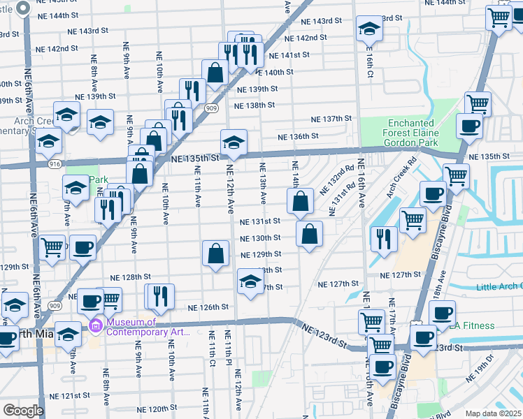 map of restaurants, bars, coffee shops, grocery stores, and more near 1241 Northeast 132nd Street in North Miami