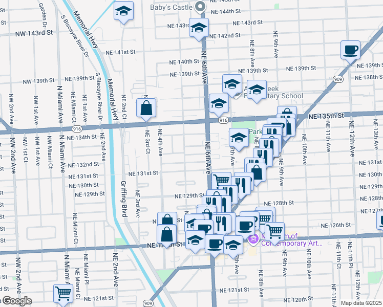 map of restaurants, bars, coffee shops, grocery stores, and more near 511 Northeast 133rd Street in North Miami