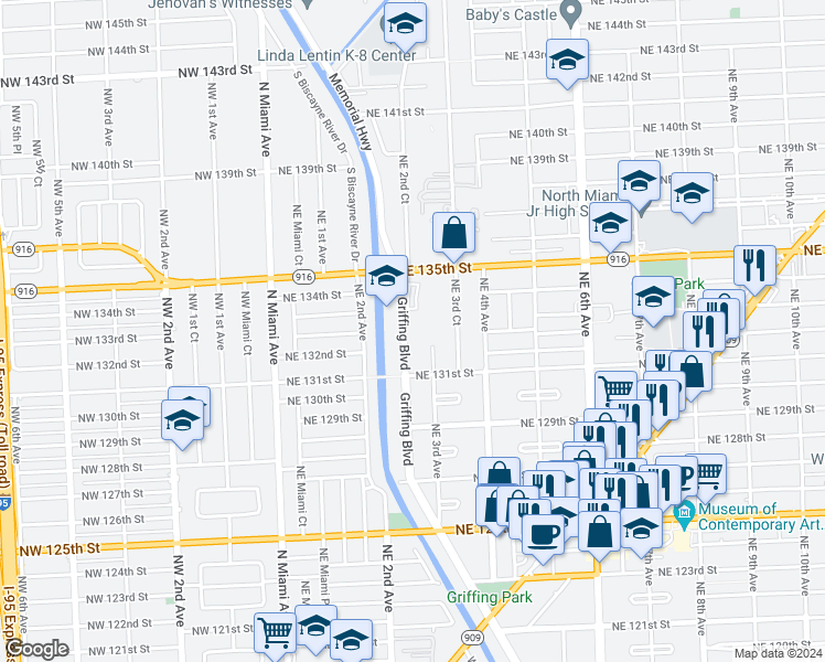 map of restaurants, bars, coffee shops, grocery stores, and more near 13301 Memorial Highway in Miami