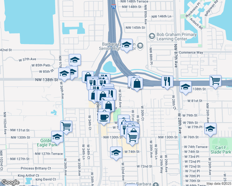 map of restaurants, bars, coffee shops, grocery stores, and more near 3200 West 84th Street in Hialeah