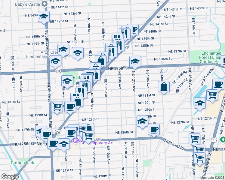 map of restaurants, bars, coffee shops, grocery stores, and more near 1031 Northeast 132nd Street in North Miami