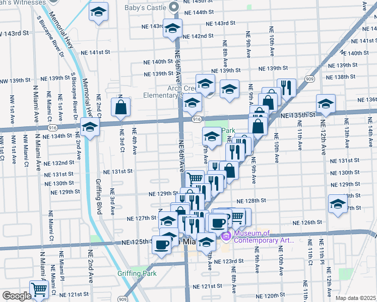 map of restaurants, bars, coffee shops, grocery stores, and more near 663 Northeast 133rd Street in North Miami