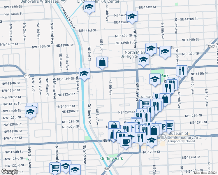 map of restaurants, bars, coffee shops, grocery stores, and more near 13325 Northeast 3rd Court in Miami
