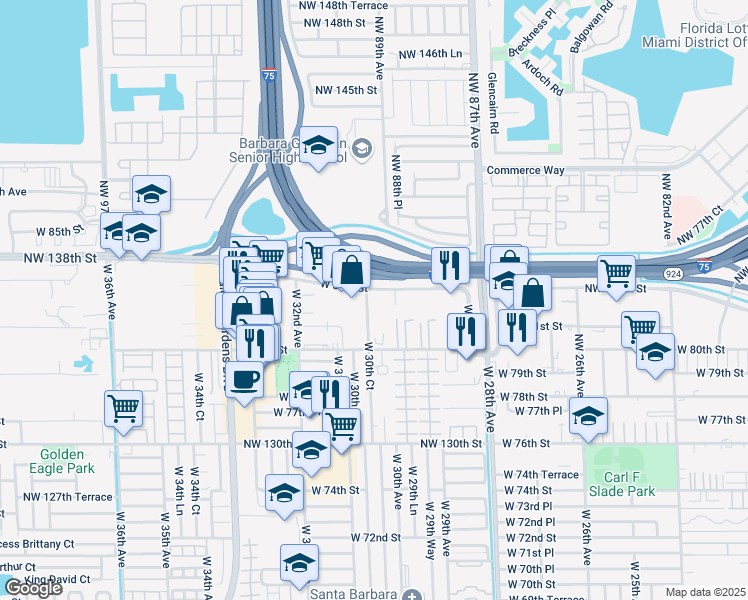 map of restaurants, bars, coffee shops, grocery stores, and more near 3000 West 84th Street in Hialeah