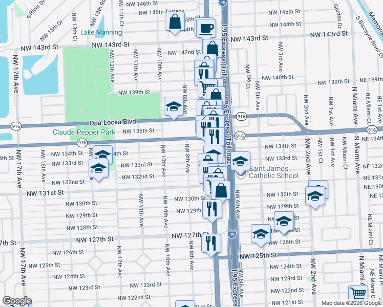 map of restaurants, bars, coffee shops, grocery stores, and more near 745 Northwest 134th Street in North Miami