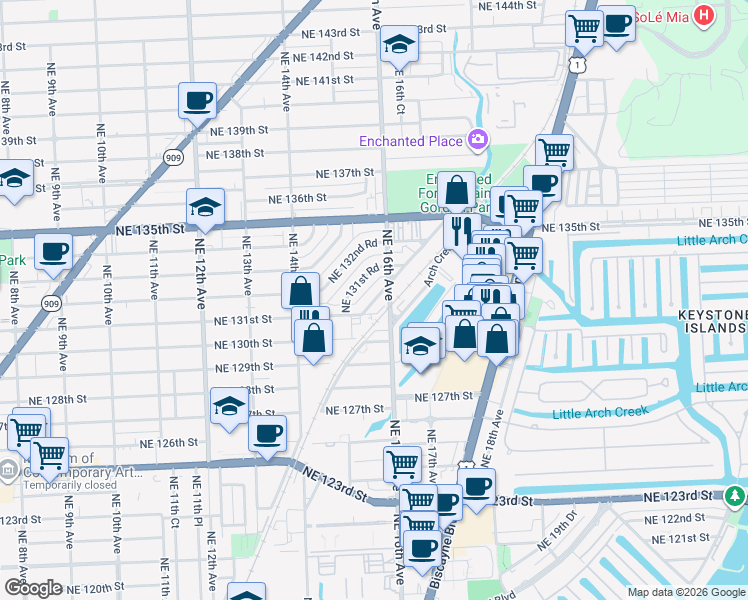 map of restaurants, bars, coffee shops, grocery stores, and more near 1563 Northeast 131st Lane in North Miami