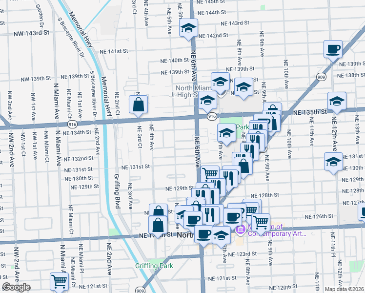 map of restaurants, bars, coffee shops, grocery stores, and more near 511 Northeast 133rd Street in North Miami