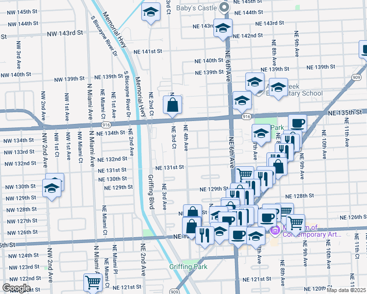 map of restaurants, bars, coffee shops, grocery stores, and more near 13325 Northeast 3rd Court in Miami