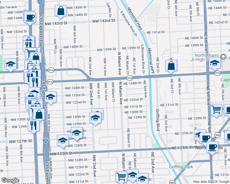 map of restaurants, bars, coffee shops, grocery stores, and more near 13340 Northwest Miami Court in Miami