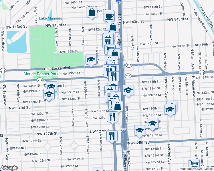 map of restaurants, bars, coffee shops, grocery stores, and more near 745 Northwest 134th Street in North Miami