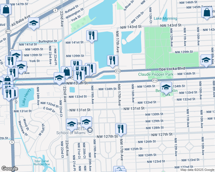 map of restaurants, bars, coffee shops, grocery stores, and more near 1770 Northwest 135th Street in Miami