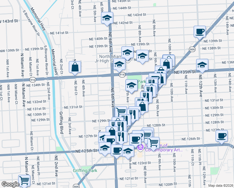 map of restaurants, bars, coffee shops, grocery stores, and more near 663 Northeast 133rd Street in North Miami