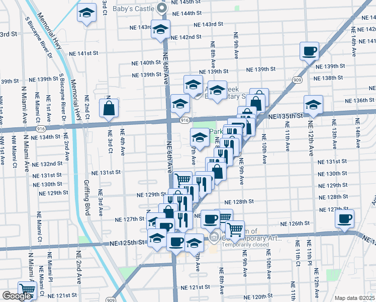 map of restaurants, bars, coffee shops, grocery stores, and more near 663 Northeast 133rd Street in North Miami