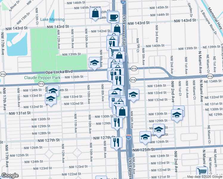 map of restaurants, bars, coffee shops, grocery stores, and more near 745 Northwest 134th Street in North Miami