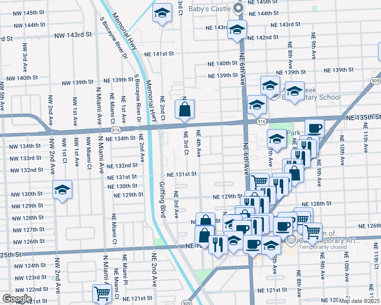 map of restaurants, bars, coffee shops, grocery stores, and more near 13241 Northeast 3rd Court in North Miami