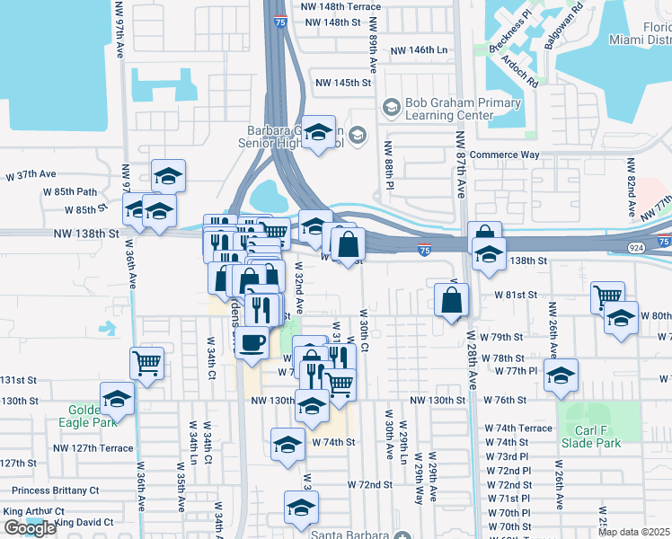 map of restaurants, bars, coffee shops, grocery stores, and more near 3100 West 84th Street in Hialeah